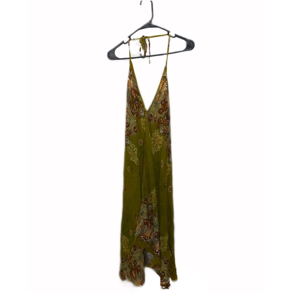 Vintage black-less summer halter tie maxi sundress with floral green pattern